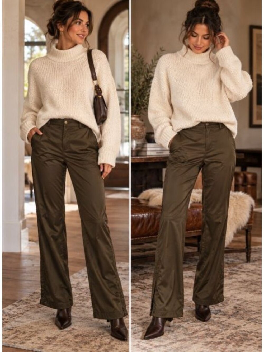 RLX Ralph Lauren Pants Satin Olive Lined Zip Ankle Expandable Hem Quiet Luxury 6